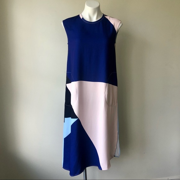 🌼 Ivy Moda Blue & Pink Color Block Minimalist A-Line Sleeveless Pocket Dress S - Picture 4 of 8